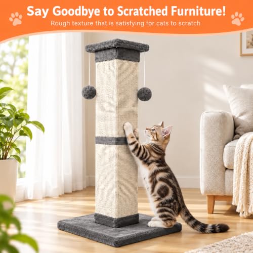 Cat Scratching Post 33 Inch Nature Sisal Scratch Post for Indoor Cats, Large Cat Scratcher Protect Your Furniture, for All Breeds Grey - color: Grey
