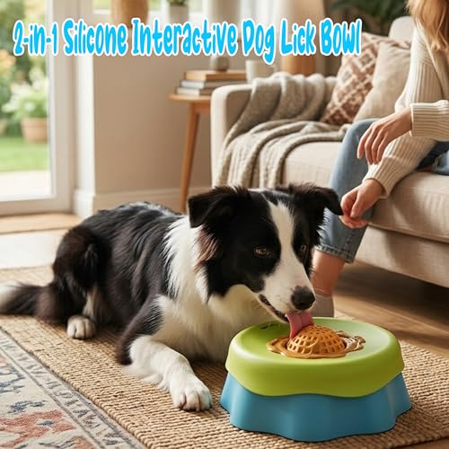 Slow Feeder Dog Bowl Lick Toy with Rolling Ball for Liquid & Dry Food