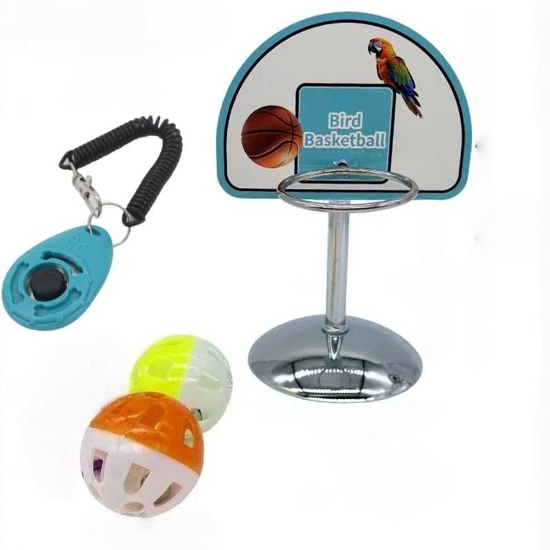 Fosrion Parrot Basketball Hoop Toy Set - Training Hoop with 2 Bird Balls Parrots (Small + Clicker) - size: Small + Clicker