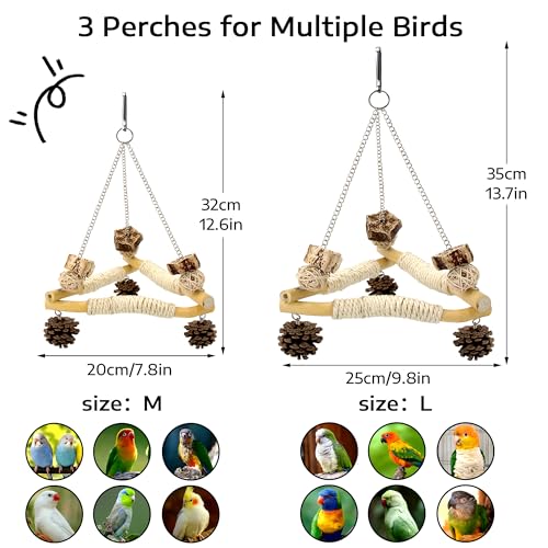 Bird Swing for Cage with Chew Toys, 3 Stable Sisal-Wrapped Perches(L) - size: L