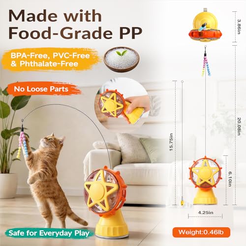 Interactive Cat Treat Dispenser, 2-in-1 Slow Feeder & Wand, Yellow - color: Yellow