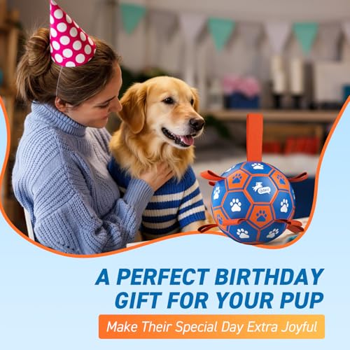 QDAN Dog Ropes Toys, Soccer Ball with Straps, Tug Toy, Dog Birthday Gift - color: Blue Orange, size: Large Size 3 (8 Inch)