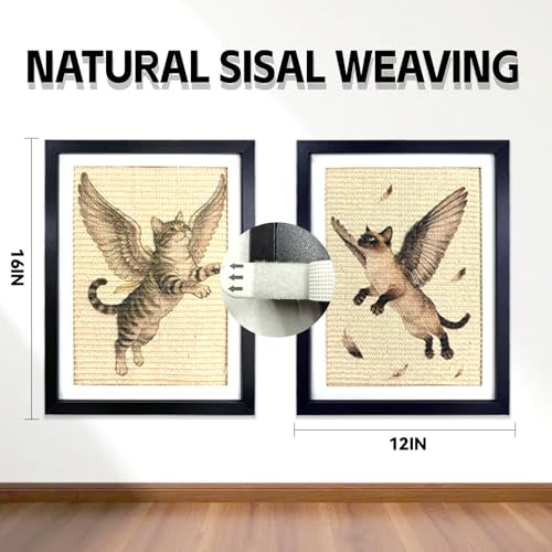 Wall Art Cat Scratcher Mat - Sisal Vertical Cat Scratch Pad with Photo Frame Design, No-Drill Wall-Mounted, 16"x12" Wall & Couch Cat Scratching Mat, 1 Extra Mat Included Free (Winged Cat) - color: Winged Cat