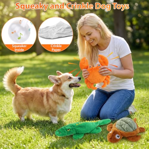 No Stuffing Dog Toys for Puppies, Small & Medium Dogs, 3 Pack Squeaky Crinkle Plush Toys for Teething & Anxiety Relief, Lightweight Interactive Animal Set to Keep Them Busy
