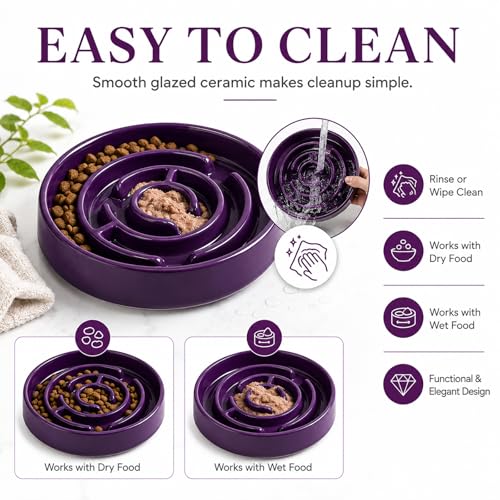 Ceramic Slow Feeder Dog Bowl,1.5 Cups Pet Slow Feeder for Small and Medium Breed,Puzzle Dog Food Dish,Anti-Gulping,Stop Bloat,Preventing Choking(Purple) - color: Purple