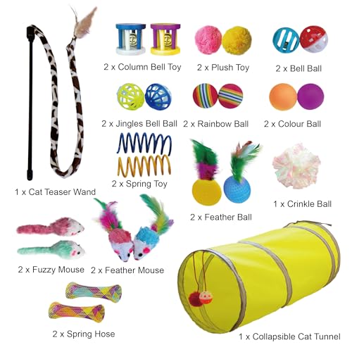 PetLike 25pcs Interactive Cat Toys Set Collapsible Cat Tunnel Interactive Feather Teaser Wand,Spring Toys & Balls for Indoor Cats (Green, 25x55cm) - color: Green