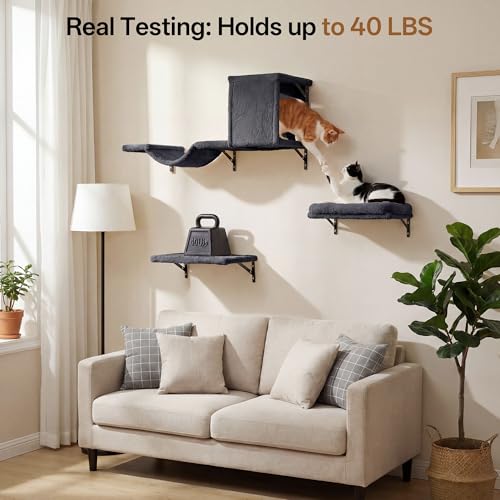 MEWANG Cat Wall Shelves, 5-in-1 Cat Wall Furniture Set, Grey - color: grey