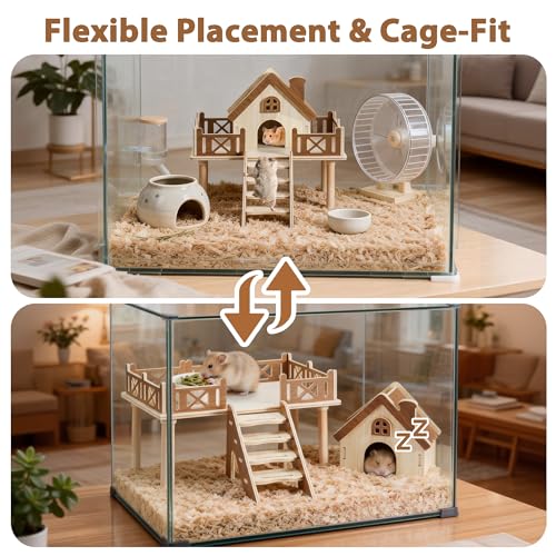 Wooden Hamster Platform and Cute Habitat House with Climbing Ladder - color: platform & house