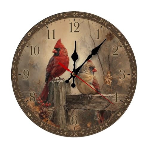 Two Cardinals Perched on Wooden Fence with Berries Round Wooden Wall Clock - color: Color12577, size: 9.8x9.8in