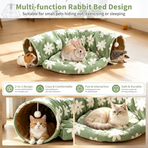 BWOGUE Bunny Tunnel Bed, 2-in-1 Collapsible Rabbit Tunnel Hideout with Mat - color: Flower Green