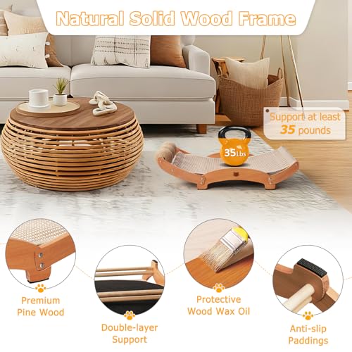 3 in 1 Sisal Cat Scratcher Bed, Solid Pine Cat Scratcher with Balls (Wood) - color: Wood, size: Large