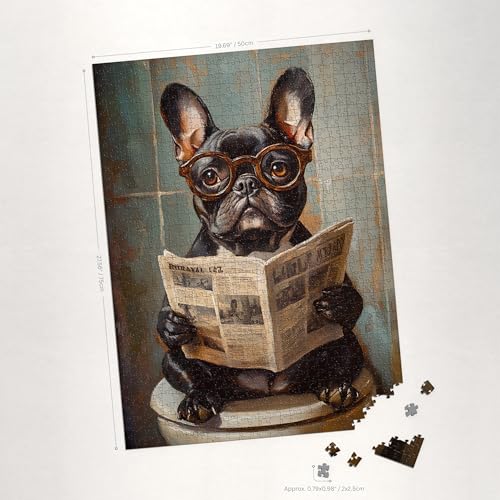 French Bulldog on Toilet Jigsaw Puzzle 1000 Pieces for Adults - Unusual Quirky Frenchie Pooping Funny Gift - 1000pc Dog Bathroom Decor Puzzles (50x70cm / 19.685"x27.559")