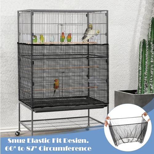 Trinkrittey Adjustable Bird Cage Seed Catcher Net Cover Elastic Band Mesh Cover Black for Parrot Cages - color: Black