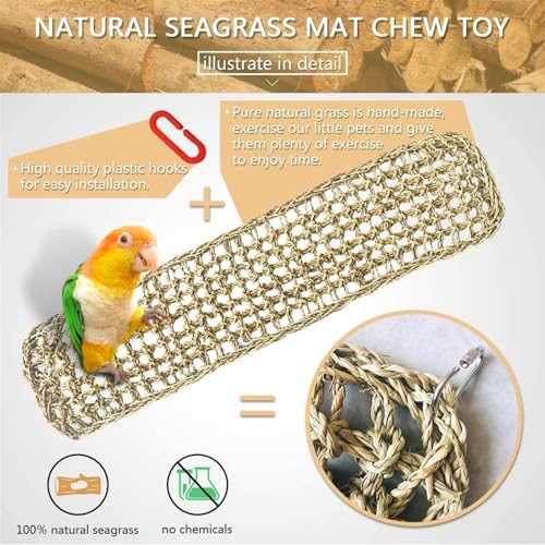 Bird Seagrass Mat 39.4×7" Long Natural Macaw Woven Net Hammock Hanging on Parrot Cage with Hooks Climbing Ladder Swing Chew Toys for Cockatoo Large Parrot Supplies - size: 1Pc 39.4" × 7"