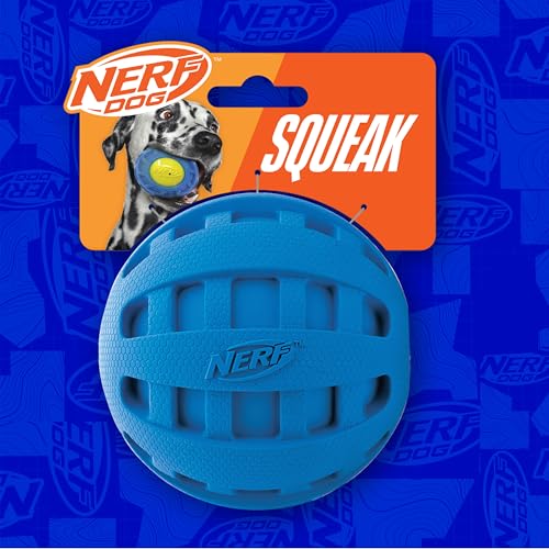 Nerf Dog Rubber Ball Dog Toy with Checkered Squeaker, Lightweight, Durable and Water Resistant, 4 Inch Diameter for Medium/Large Breeds, Single Unit, Blue - size: 4 Inch Blue, style: Checker Squeak