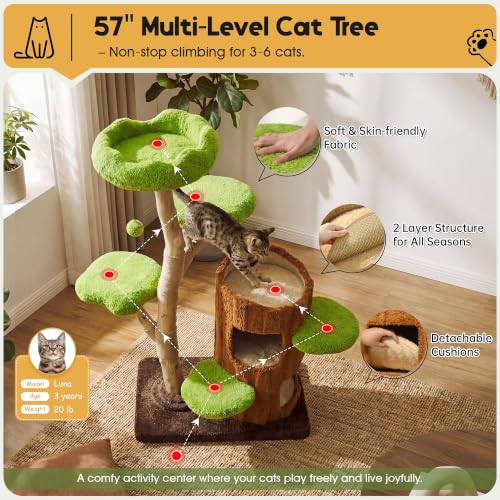 KAMABOKO 57" Tall Indoor Cat Tree, Large Tower with 2 Condos & Sisal Scratching Pad - color: Deep Green