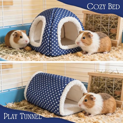Guinea Pig Hideout and Play Tunnel Set, Washable Fleece Bed for Dwarf Rabbits, Bunnies, Chinchillas, Small Animal Toys - Blue Dot - color: Blue