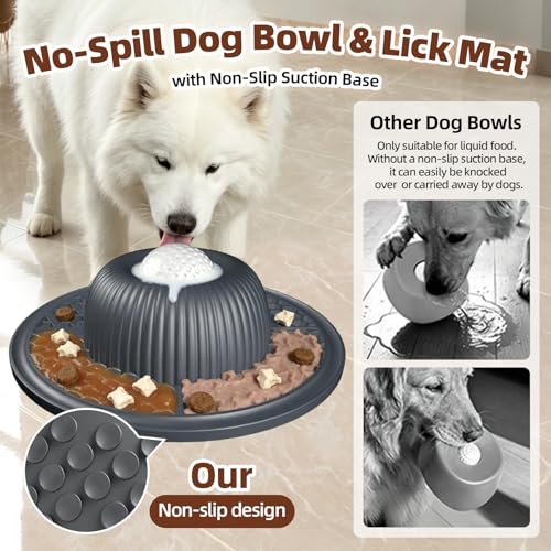 2-in-1 Dog Slow Feeder Bowl & Lick Mat with 2 Rotatable Balls, No-Slip Silicone Anxiety Relief Treat Mat for Dogs & Cats, Dishwasher Safe (Gray) - color: Gray