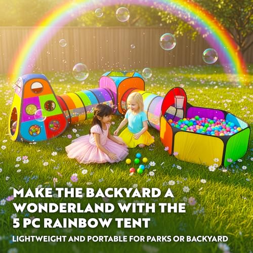Playz 5pc Pop Up Play Tent and Crawl Through Tunnels for Kids w/Carry Bag - color: Rainbow Multicolor