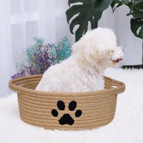 Small Woven Dog Toy Basket with Handle, Cute Paw - color: jute