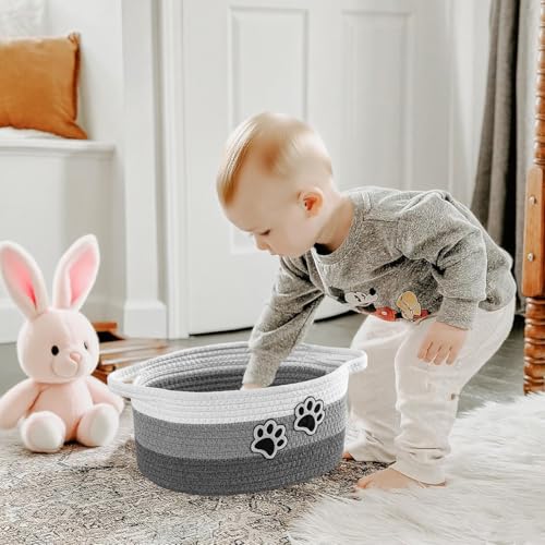 Small Woven Cotton Rope Nursery Organizer Bins, Dog Toy Basket Bins with Handle, Cute Empty Pet Gift Storage Baskets with Paw - color: White-Grey
