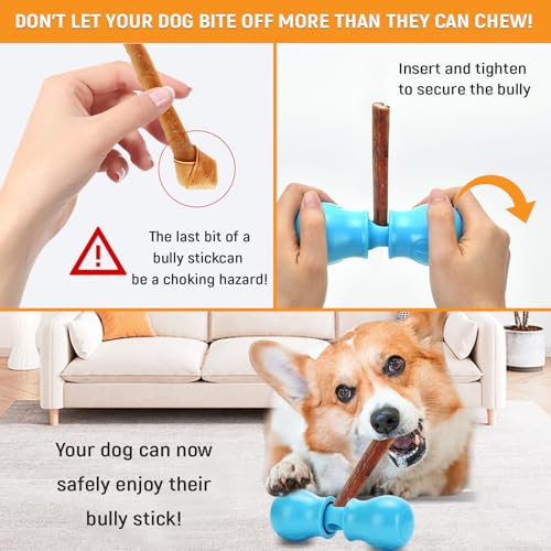 Bully Stick Holder - Improved Dog Treat Chew Holder,Fits Various Bully Sticks,Durable Safety Hold Device to Prevent Swallowed Ends and Choking, Small/Blue - size: Small, style: Bone