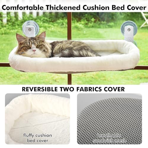 AMOSIJOY Cordless Cat Window Perch with Cushion Bed Metal Frame, L White - color: White Cushion Bed, size: Large