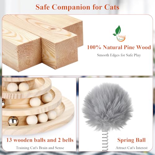 Large Upgraded Cat Track Ball Toy with Bell & Teaser Wand - 3-Layer Tower Roller, Interactive Wooden Cat Toy for Mental & Physical Exercise, Double Fun for Kittens & Adult Cats - size: 11.0