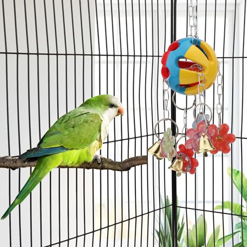 Hypeety Parrot Ball Toy Plastic Colorful Bird Chew Ball with Bells for Cage - color: Multicolor Ball with Plastic Flowers