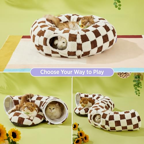Lesure Donut Cute Jacquard Cat Tunnel Bed Kitten Toys for Puppy Bunny - color: Brown Checks, size: Standard (33.5"L x 33.5"W x 10"H)