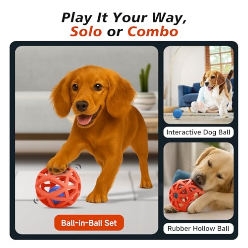 Interactive Dog Toy, Smart Jumping Bouncing Ball Inside Durable Rubber Shell, Automatic Moving Vibrating Ball for Medium/Large Dogs, Dog Enrichment Toy to Keep Them Busy (Red & Blue)