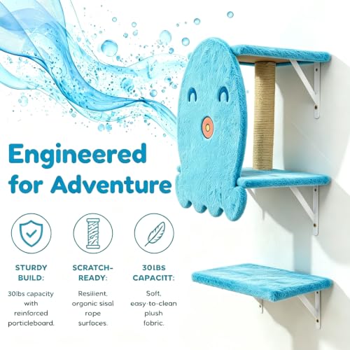 COZIWOW Wall Cat Tree,4Pc Ocean Blue Octopus Sisal Perch Multi-Cat Home - color: Ocean Blue