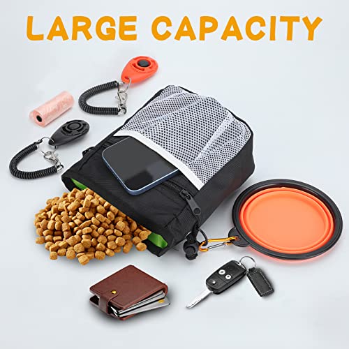 Dog Treat Pouch for Pet Training Kit, 3-Way Wear Bag with 2 Clickers & Bowl - color: Black
