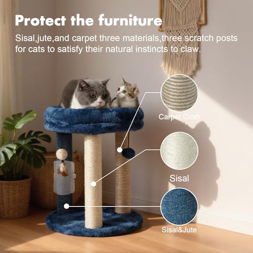 MECOOL Cat Scratching Post Tree with Tower Soft Bed.Natural Quality Sisal Carpet Jute Scratch Posts with Three Hanging Ball Toys and Massage Brush for Indoor Cats and Kittens Blue - color: Blue