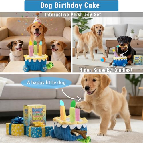 4-in-1 Dog Birthday Cake Toy, Interactive Snuffle Puzzle, Funny Dog Toys—Plush Squeaky Treat Dispenser with Cotton Rope, Hide ＆ Seek Enrichment Toy for Small/Medium/Large Dogs, Gotcha Day Party Gift