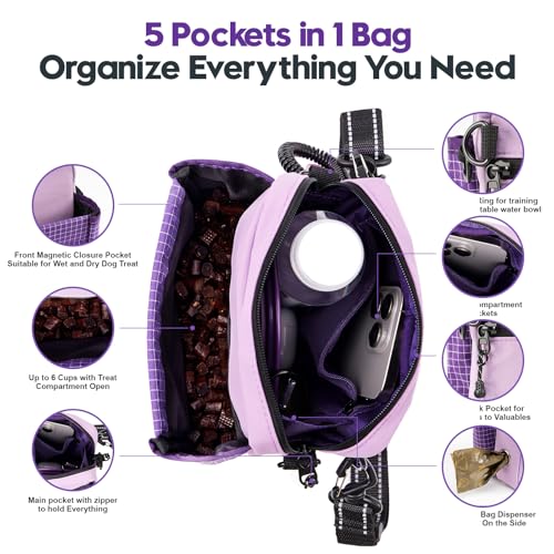 Dog Treat Pouch for Training, Magnetic Dog Walking Bag and Fanny Pack - color: Purple