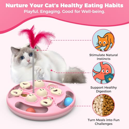 Cat Puzzle Feeder Toy, 3 in 1 Interactive Slow Feeder for Cats, Pink - color: Pink