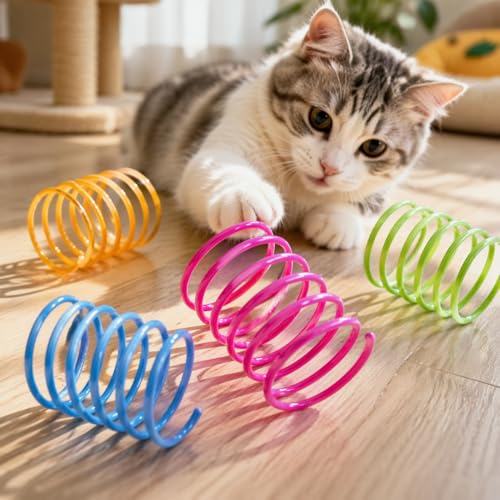 4Pcs Cat Spring Toy Set, Interactive Spiral Pet Play Accessories Pack, for Indoor Outdoor Activity Entertainment Use - color: Red,Blue,Green,Yellow, size: 4Pcs