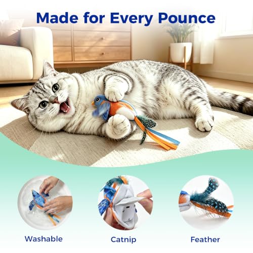 Interactive Flapping Bird Cat Toy for Indoor Cats, Auto Chirping Cat Toys, Touch Activated Rechargeable Self Play for All Breeds Cat Kicker Toys, with 5 Bird Covers and Catnip Pouches