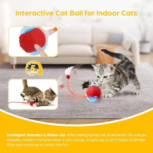 Interactive Cat Toy Ball,2 pcs 3 Speed Modes Automatic Moving Cat Toy Balls,Automatic Rolling Rechargeable Cat Toy for Indoor Cats Bored Adult & Kittens-Red and Blue - color: Red+Blue