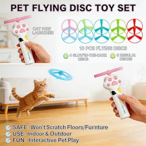 Cat Toy Disc Launcher,Rechargeable Interactive Cat Fetch Toy with 10 Discs - color: White