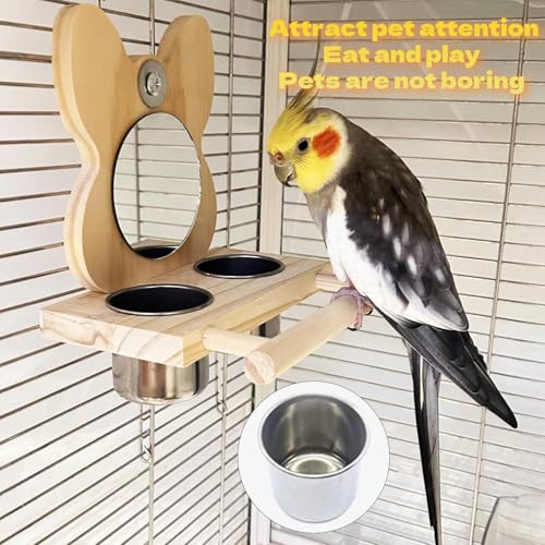 Bird Mirror Parrot Perch with Mirror and Stainless Steel Feeding Cups for Parakeets Cage Swing Wooden Mirror Fun Play Toy for Birds Lovebird Conures Cockatiels - style: Style B