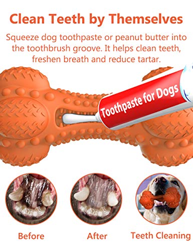 SCHITEC Two Squeaky Dog Chew Toy for Aggressive Chewers Large Breed, Tough Indestructible Rubber Bone with Toothbrush for Big Medium Dogs Teeth Cleaning, Blue and Orange - color: Orange & Blue