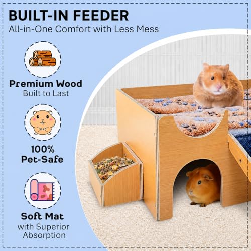 Guinea Pig Wooden Hideout with Built-in Feeder, Screw-Assembled Natural Wood Castle with Absorbent Fleece Mat, Ramp & Accessories, Cozy Safe Hideaway for Small Pets to Rest, Play & Explore