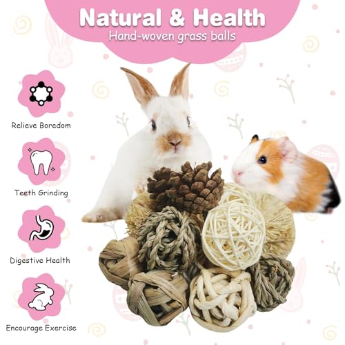 kathson 12 Pack Natural Bunny Chew Balls Small Animal Activity Toys Rabbit Play Ball Rolling Toy Gnawing Treats Timothy Grass Balls for Guinea Pigs Chinchilla Pet Cage Entertainment