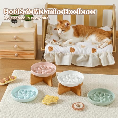 PTOBER Elevated Slow Feeder Cat Bowl - Melamine Cat Dish with Anti-Slip Bamboo Stand - Whisker Friendly Feeding Bowl - Floral Maze Food Plate for Slow Eating - White - color: White