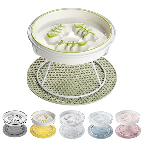 Ceramic Elevated Slow Feeder Cat Bowl, Anti Vomit, Removable Dish, Green - color: Green