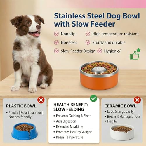 Stainless Steel Slow Feeder Dog Bowl, Heavy Duty Thickened Metal Dog Bowl, Non-Slip Base, Dishwasher Safe, Anti Gulping Feeding Bowl for Small to Medium Dogs & Cats, 56 oz, (Orange) - color: Orange