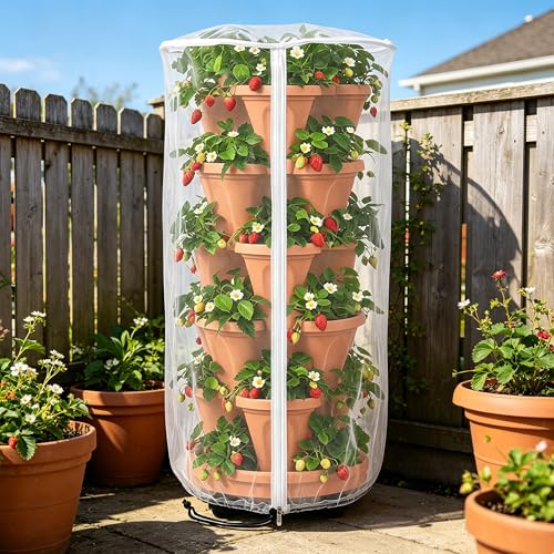 2 Pcs Vertical Plant Pot Insect Netting with Zipper, 39"x20" Stackable Planter Garden Net Cover, 3 to 5 Tier Planter Pot Insect Bird Barrier Protection Mesh for Strawberry Herb Flower Fruit Vegetable - color: 3 to 5 Tier