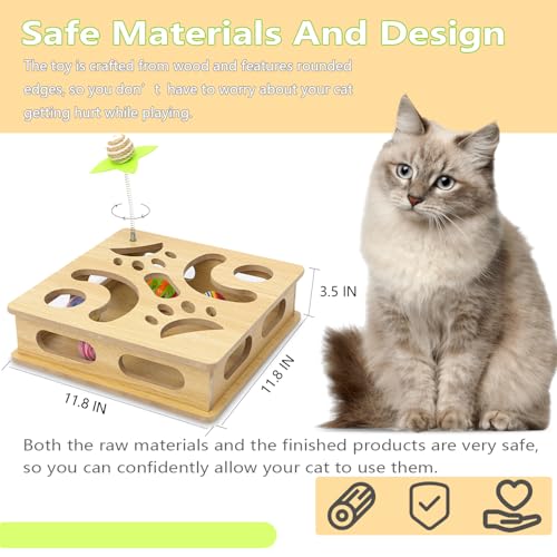 Interactive Wooden Cat Puzzle Toy Box Indoor Hunting Play Toy to Stimulate Your Cat’s Energy and Instincts (Burlywood) - color: Burlywood